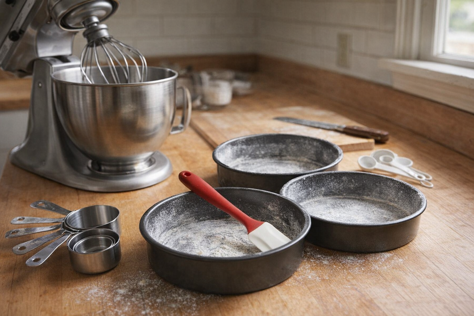 A collection of baking tools including measuring cups, a stand mixer with a whisk attachment, cake pans greased and floured, and a rubber spatula, arranged on a kitchen countertop